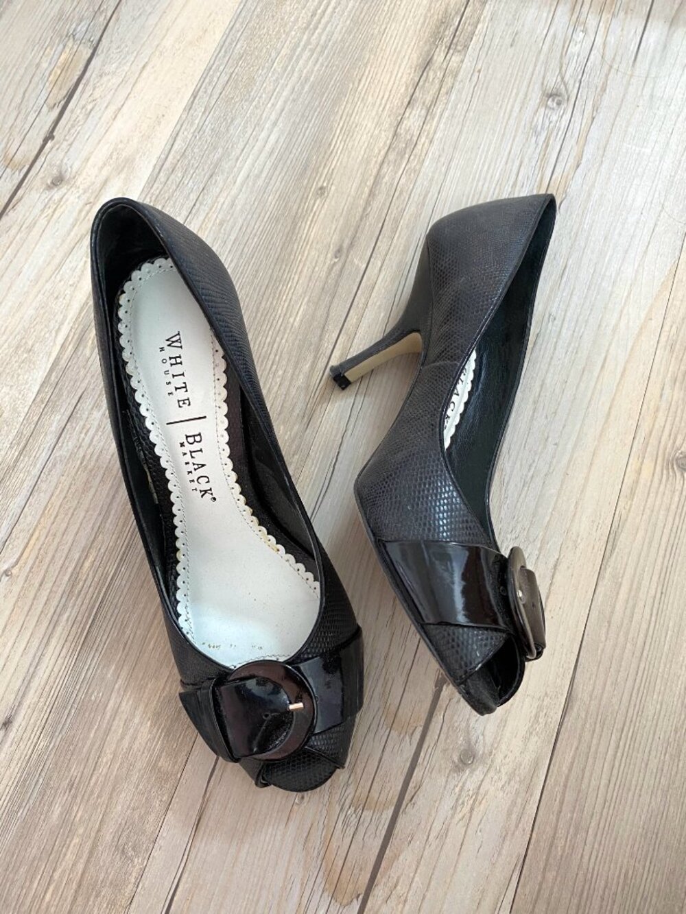 White House Black Market Black Buckle Detail Peep Toe Heels Size 7.5